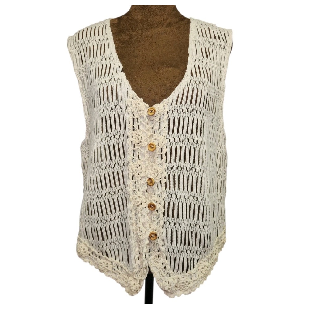IVY Vest Womens Size L Crochet Flower‎ Accents Boho Cottagecore